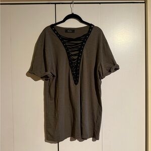 Akira Stylish Olive Lace-Up Short Sleeve Tee